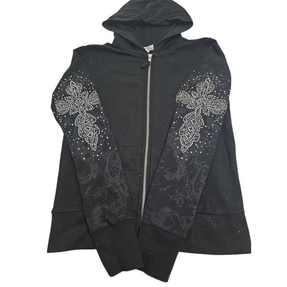 Vtg Pink Cattlelac Women's S Cowgirl Cross Embellished Rhinestone Black Hoodie